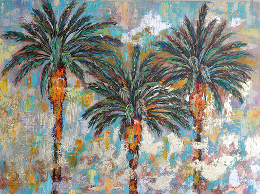 Lights are glowing in the palm trees