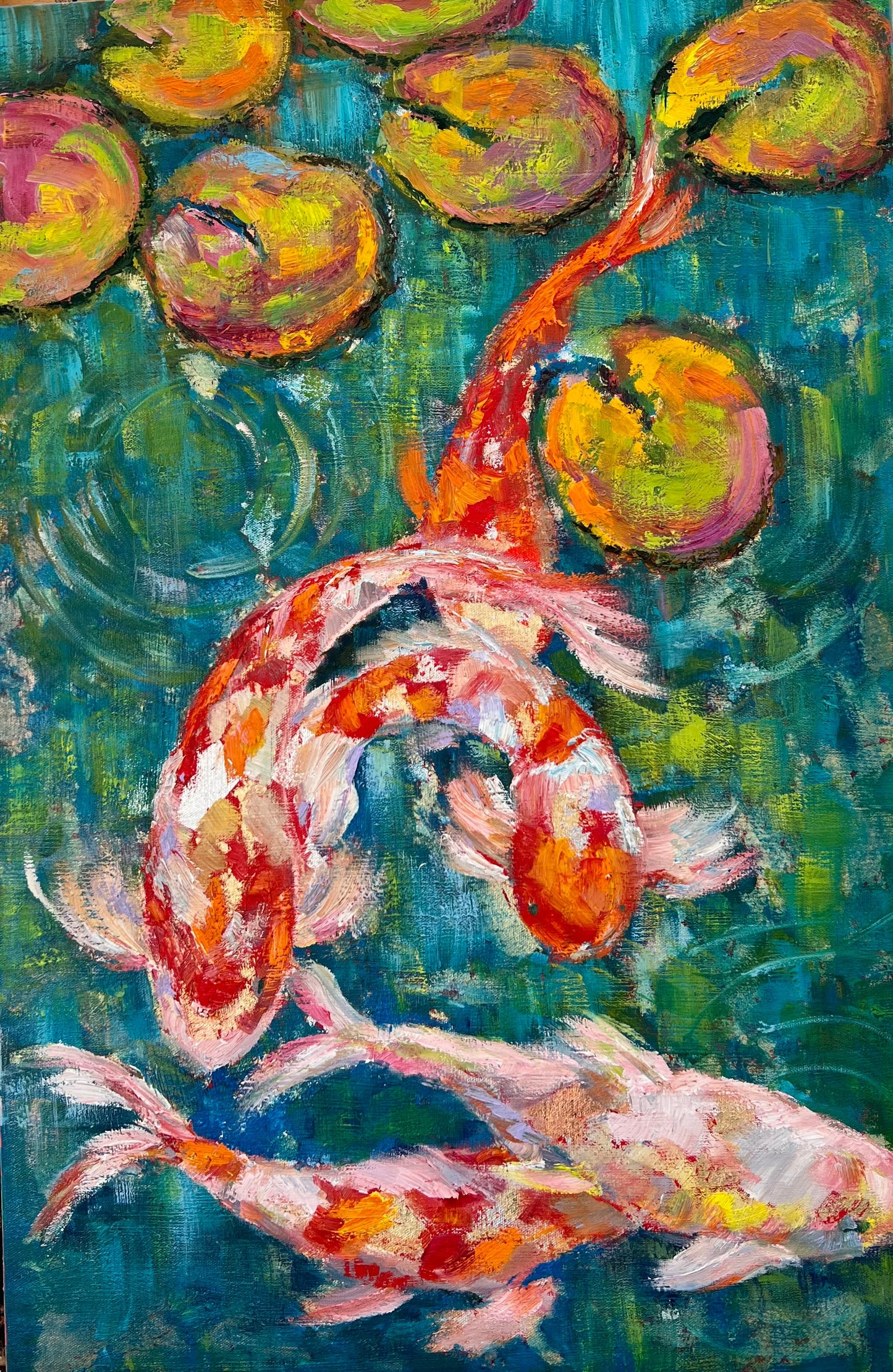 In a Peaceful Place, Ripples Fan out on A Lily Pond, Colourful Koi Play (ORIGINAL SOLD)